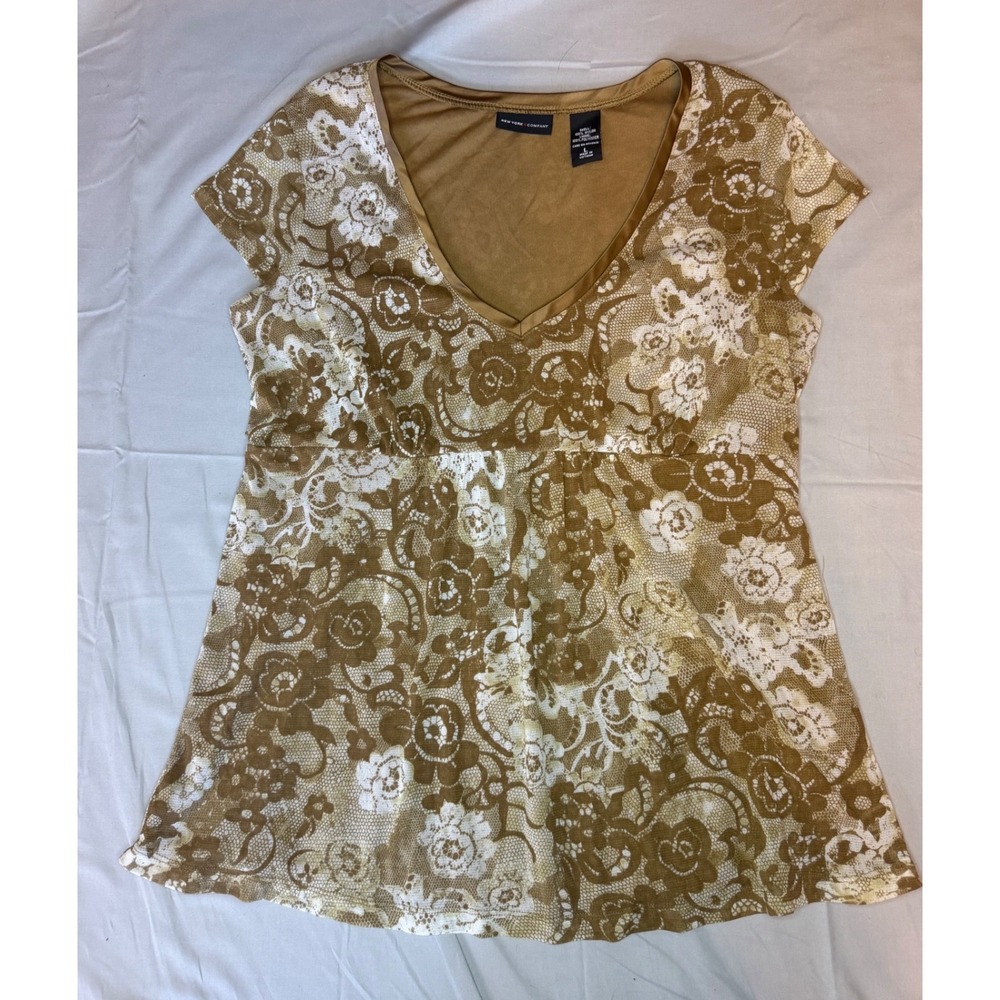 Y2K Boho Floral‎ Babydoll Top Women's Large Cottagecore Fairy Grunge Tan Cream